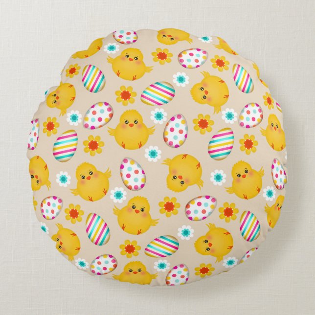 Colourful Easter Eggs and Chicks Pattern Round Cushion (Front)