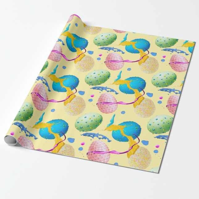 Colourful Easter Eggs and Paint Splash Wrapping Paper (Unrolled)