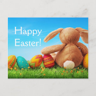 Colourful Easter Eggs and Rabbit on Green Grass Holiday Postcard