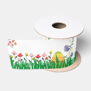 Colourful Easter Eggs and Spring Flowers Satin Ribbon