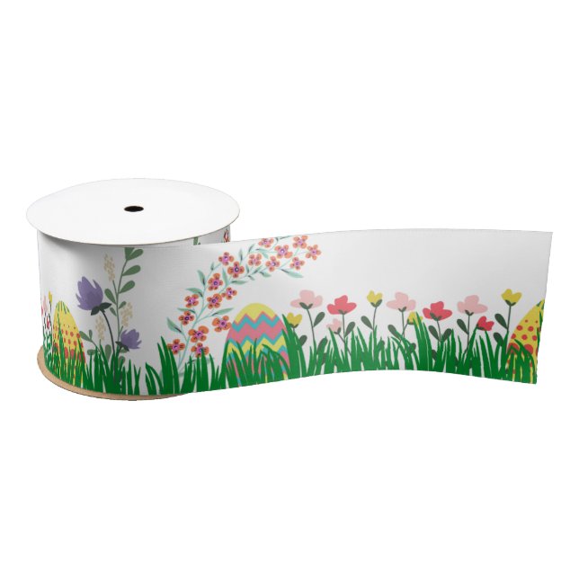 Colourful Easter Eggs and Spring Flowers Satin Ribbon (Spool)