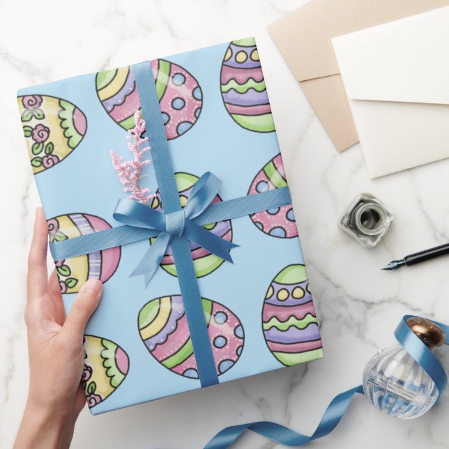 Colourful Easter Eggs. Blue Background. Wrapping Paper (Gifting)