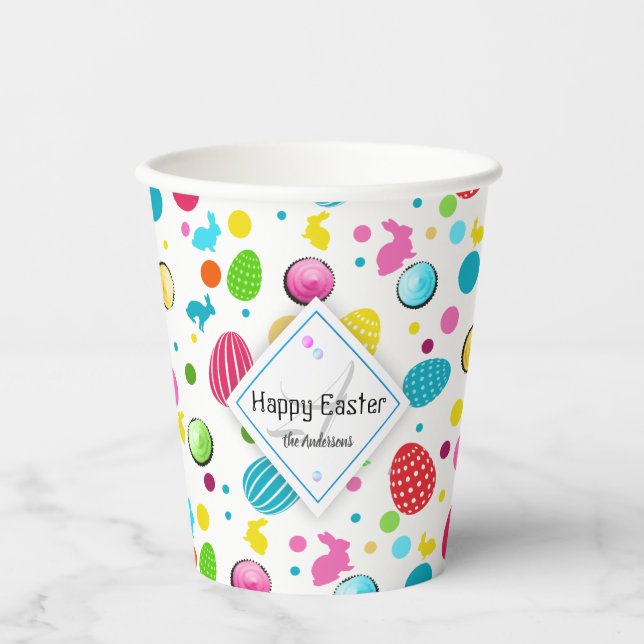 Colourful Easter Eggs, Bunnies, Cupcake Monogramme Paper Cups (Front)