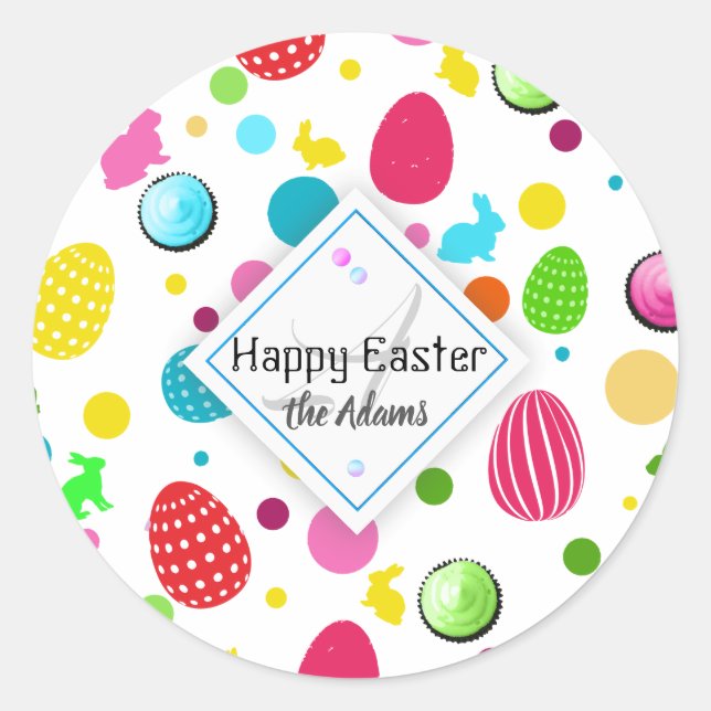 Colourful Easter Eggs , Bunnies, Cupcakes Monogram Classic Round Sticker (Front)