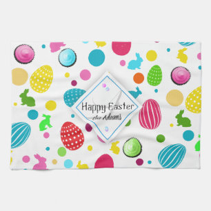 Colourful Easter Eggs , Bunnies, Cupcakes Monogram Tea Towel