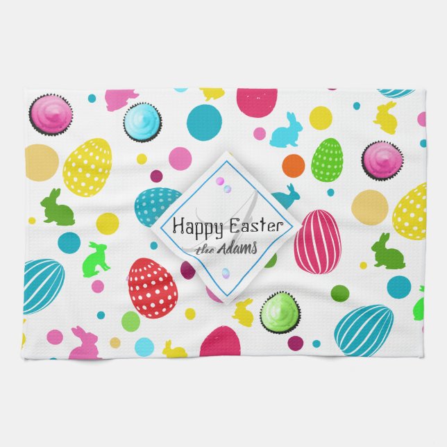 Colourful Easter Eggs , Bunnies, Cupcakes Monogram Tea Towel (Horizontal)
