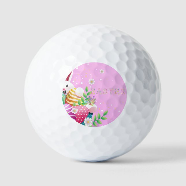 Colourful Easter Eggs Bunny Floral Easter Text  Golf Balls (Front)