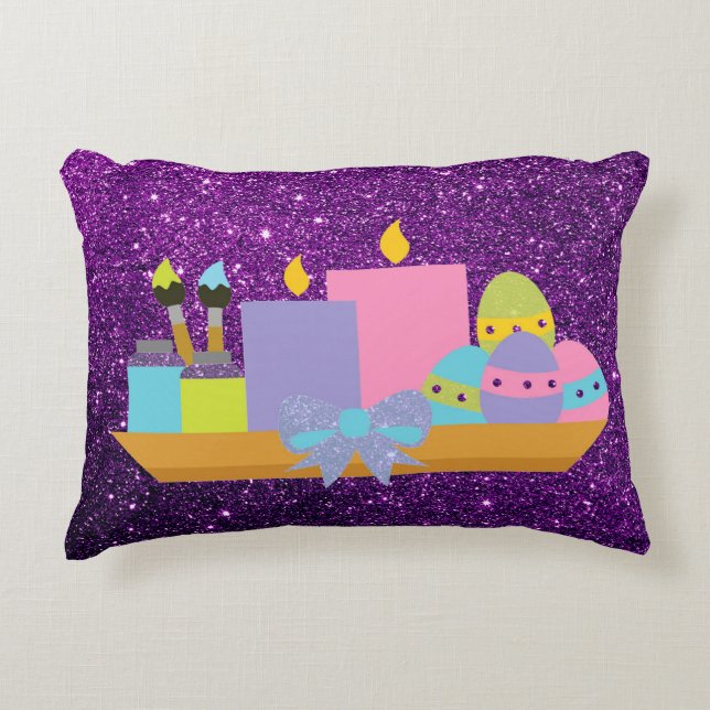 Colourful Easter Eggs & Candles Purple Faux Decorative Cushion (Front)