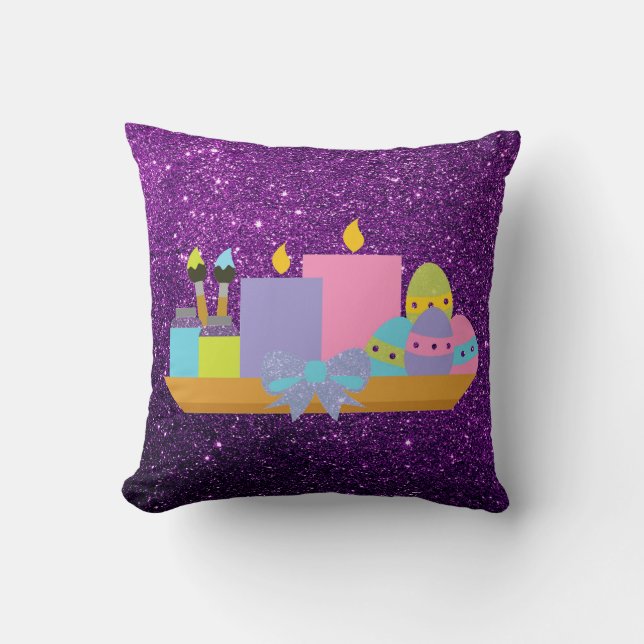 Colourful Easter Eggs & Candles Purple Faux Glitte Cushion (Front)