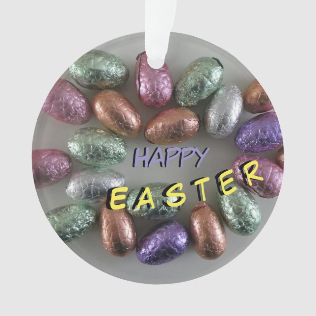 Colourful Easter Eggs Cust. Happy Easter Ornament (Front)