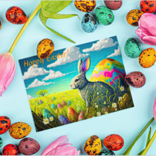 Colourful Easter Eggs & Easter Bunny in Meadow Hol Holiday Postcard