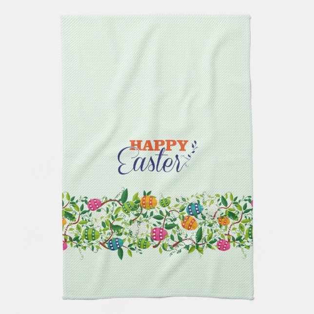 Colourful Easter Eggs & Flowers Pattern Tea Towel (Vertical)