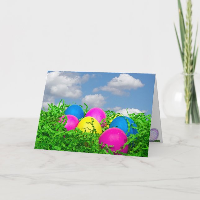 Colourful Easter Eggs in paper grass Holiday Card (Front)