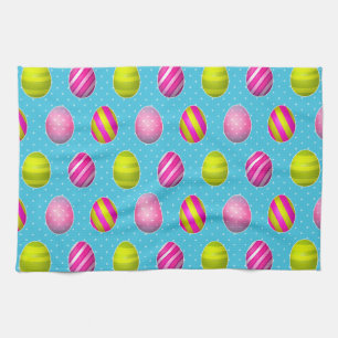 Colourful Easter Eggs On Polka Dot Background Tea Towel