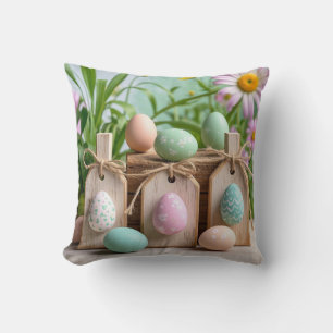 Colourful Easter Eggs on wooden board Cushion