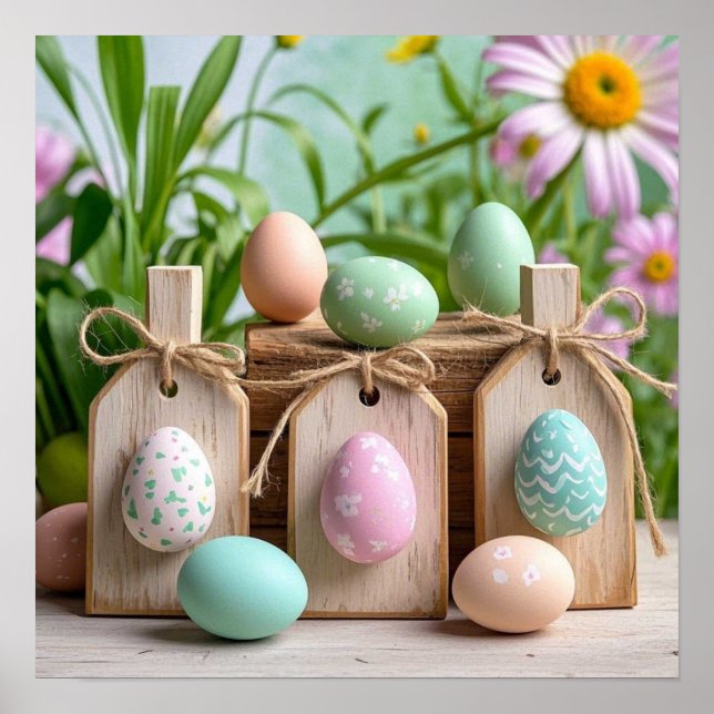 Colourful Easter Eggs on wooden board Poster (Front)