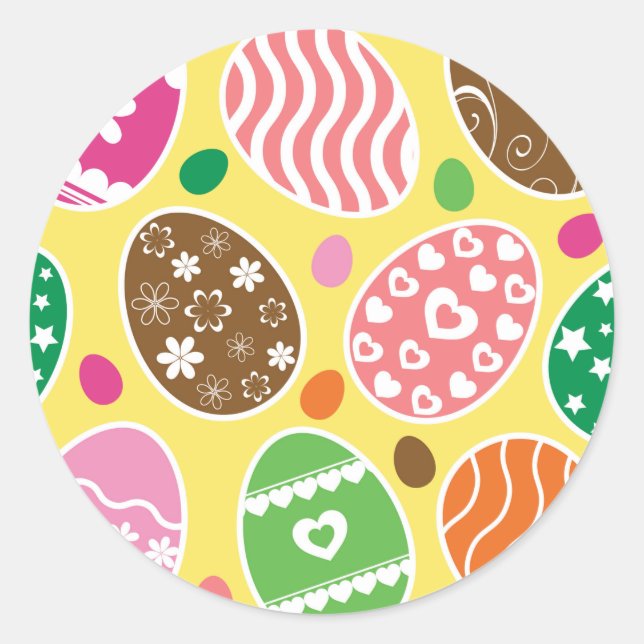 Colourful Easter Eggs Pattern Yellow Background Classic Round Sticker (Front)