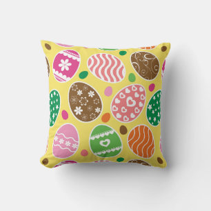 Colourful Easter Eggs Pattern Yellow Background Cushion