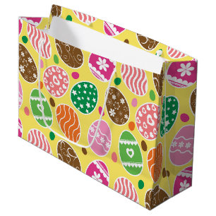 Colourful Easter Eggs Pattern Yellow Background Large Gift Bag