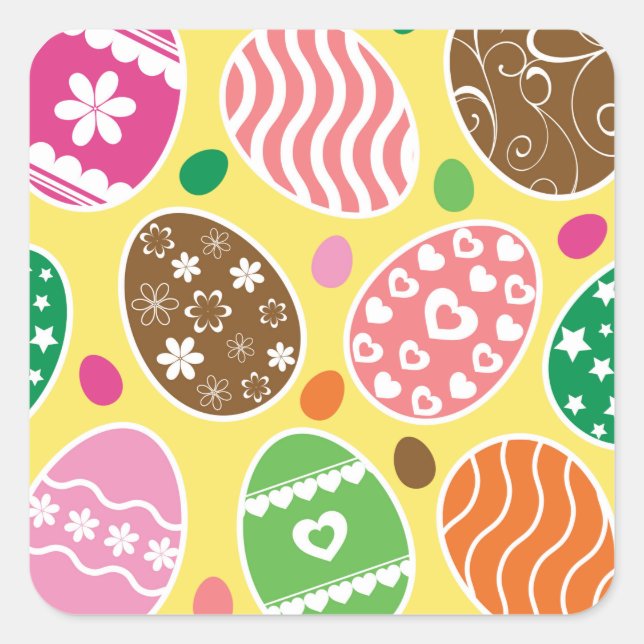 Colourful Easter Eggs Pattern Yellow Background Square Sticker (Front)