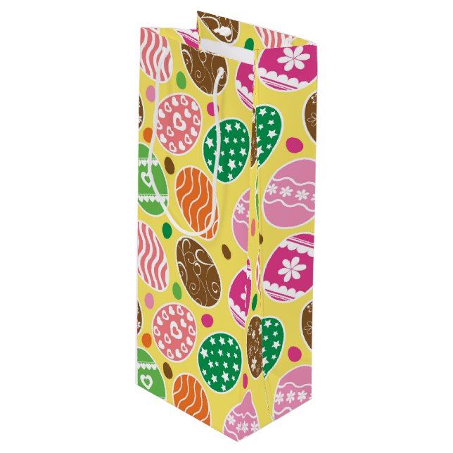 Colourful Easter Eggs Pattern Yellow Background Wine Gift Bag (Front Angled)