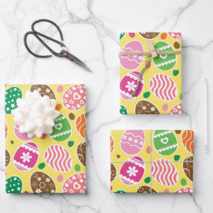 Colourful Easter Eggs Pattern Yellow Background Wrapping Paper Sheet