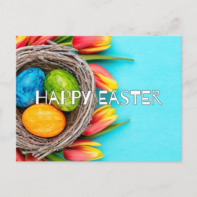 Colourful Easter Eggs & Tulip Flowers Postcard (Front)
