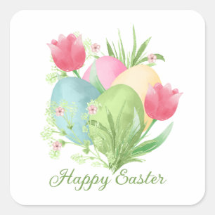 Colourful Easter Eggs Tulips Square Sticker