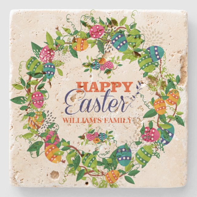 Colourful Easter Eggs Wreath Happy Easter Stone Coaster (Front)