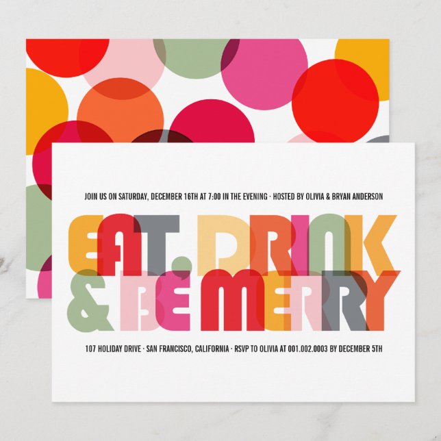 Colourful Eat Drink & Be Merry Holiday Party Invit Invitation (Front/Back)