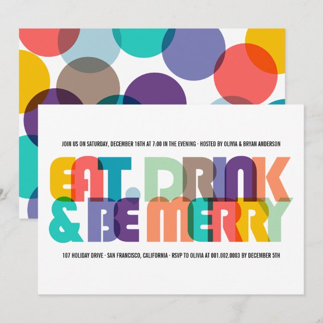 Colourful Eat Drink & Be Merry Holiday Party Invit Invitation (Front/Back)