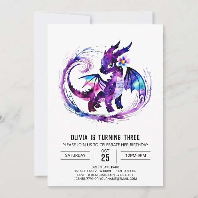 Colourful Editable Dragon Digital Girl Birthday Invitation (Front)