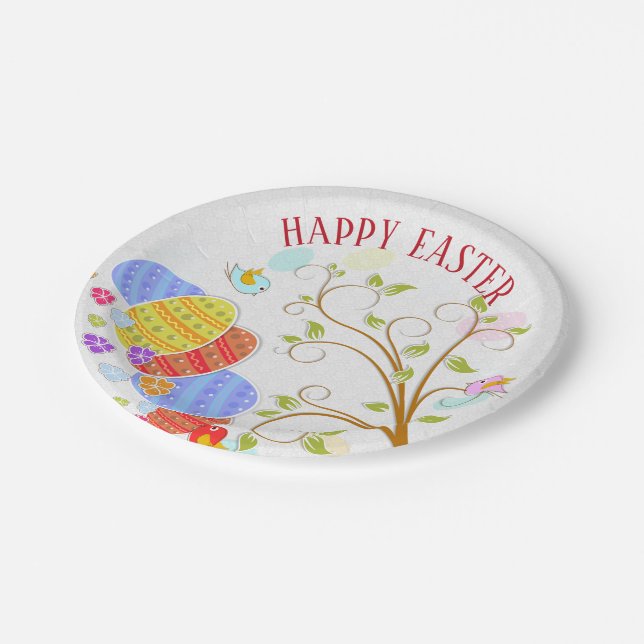 Colourful Eggs And Birds Flowers- Happy Easter Paper Plate (Angled)