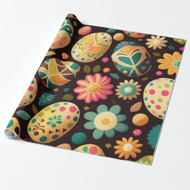 Colourful eggs and flowers Easter wrapping paper (Unrolled)