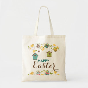 Colourful Eggs Flowers Bird-feeders Happy Easter Tote Bag