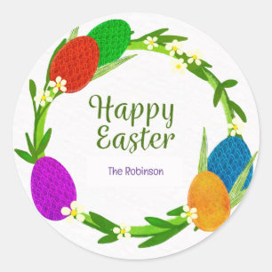 Colourful Eggs with Circle Leaves, Happy Easter  Classic Round Sticker
