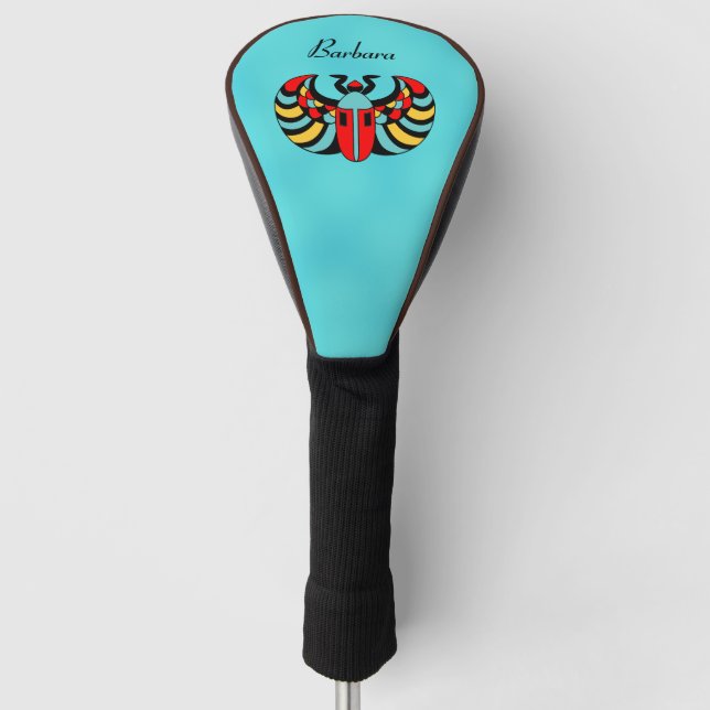 Colourful Egyptian Scarab Beetle on Aqua Blue Golf Head Cover (Front)