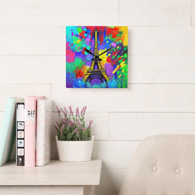 Colourful Eiffel painting Square Wall Clock (Reading Room)