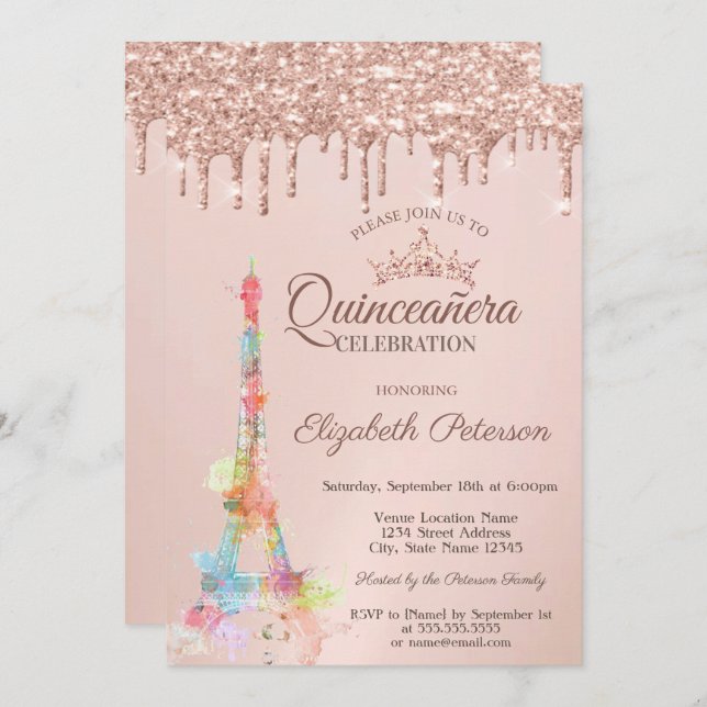 Colourful Eiffel Tower,Rose Gold Drips Quinceañera Invitation (Front/Back)