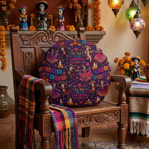 Colourful El Día de los Muertos Dancing Catrinas Round Cushion