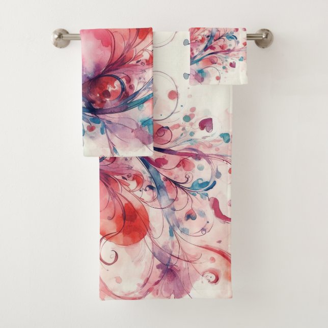 Colourful Elegant Abstract Hearts Bath Towel Set (Insitu)