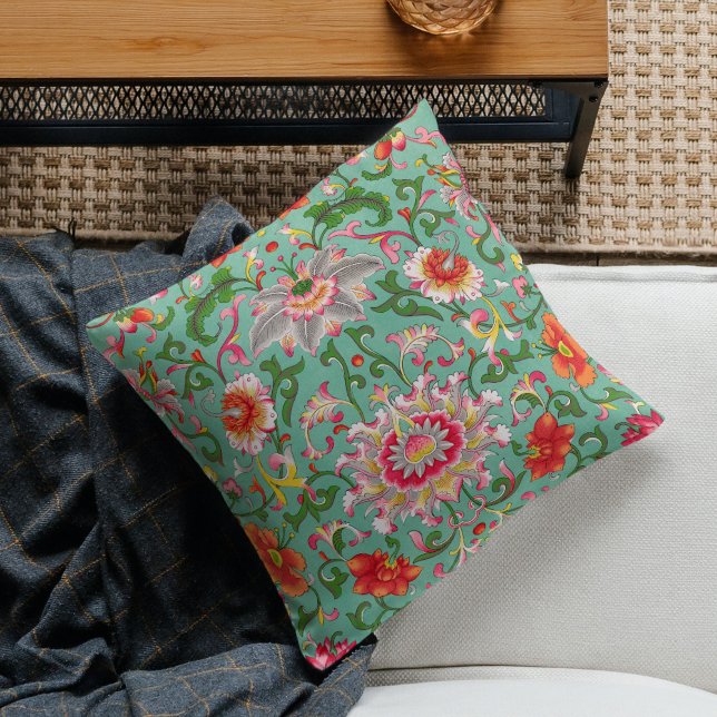 Colourful Elegant Asian Floral Chinoiserie Pattern Cushion (Creator Uploaded)