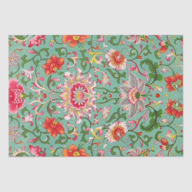 Colourful Elegant Asian Floral Chinoiserie Pattern Tissue Paper (Front)