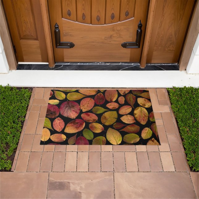 Colourful Elegant Autumn Leaves on Black Doormat (Outdoor)