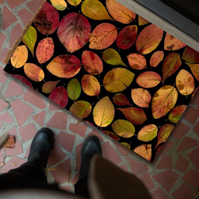 Colourful Elegant Autumn Leaves on Black Doormat (Add an elegant, colorful welcome to your doorstep with this autumn leaves doormat.)