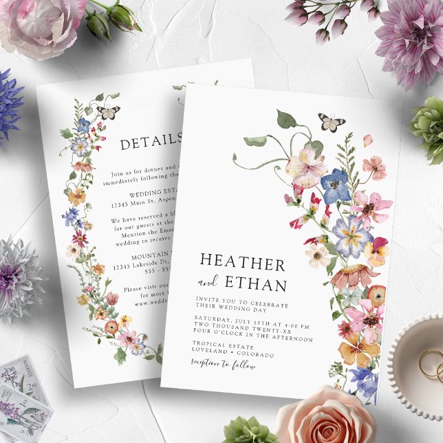 Colourful Elegant Floral Wedding Invitation (Watercolor Vintage Colorful Wildflower Wedding Invitation with Details by Painted Paperie)