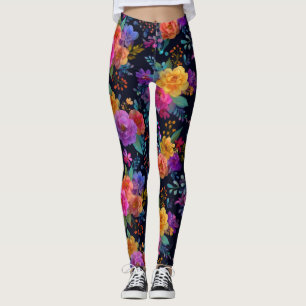 Colourful Elegant Flowers on Black Stylish Floral  Leggings