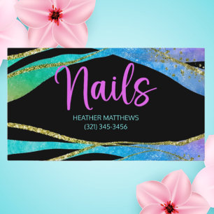 Colourful Elegant Gold On Black Glitter Nails Business Card