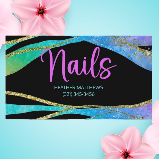 Colourful Elegant Gold On Black Glitter Nails Business Card (Creator Uploaded)