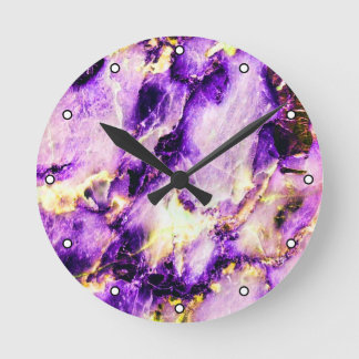Colourful Elegant Marble Purple Pink and Gold Dots Round Clock